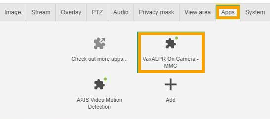 Click image to enlarge, click again to close. The AXIS Camera Apps tab.