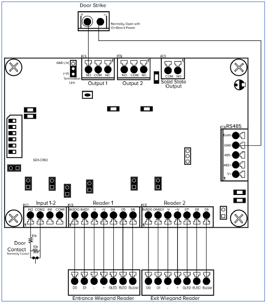 Click image to enlarge, click again to close. 1 door configuration on the Card Reader Interface Board.