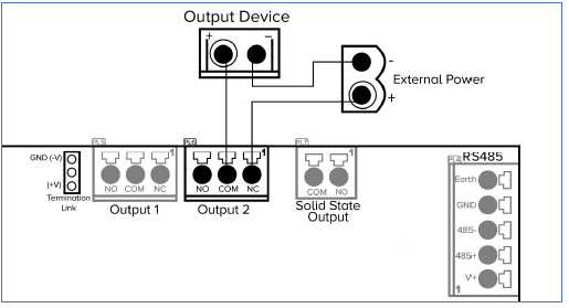 Click image to enlarge, click again to close. Relay output wiring with no termination link NC with external power supply.