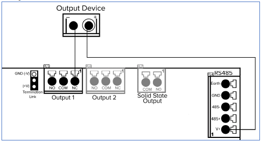 Click image to enlarge, click again to close. Relay output wiring at termination link -V NC with onboard power.