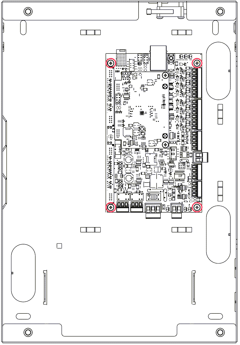 Click image to enlarge, click again to close. Aligning the controller on the mounting posts of the enclosure.