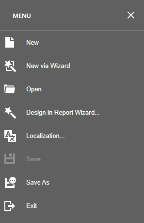 Click image to enlarge, click again to close. Available Report Designer menu options.